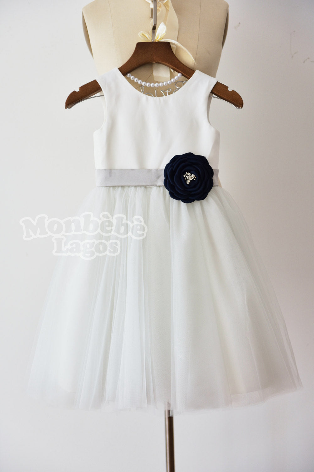 Ivory Tulle Dress with Navy Blue Flower Ivory Tulle Dress with Navy Blue Flower