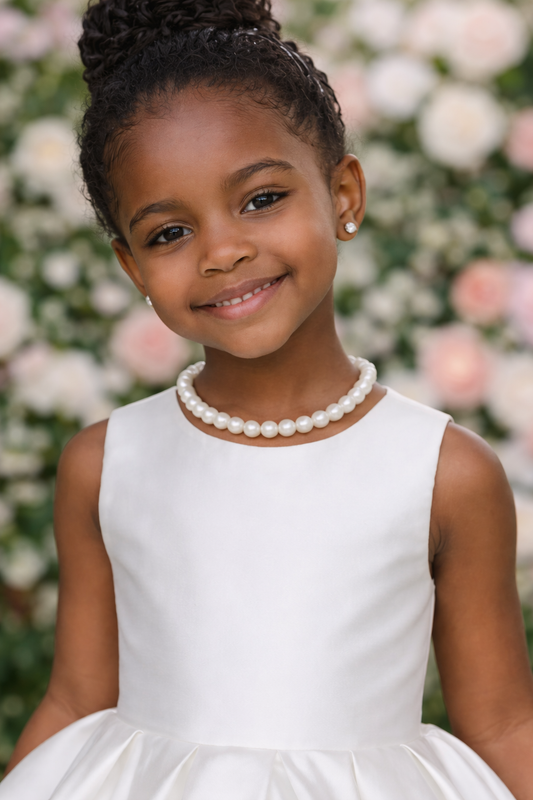 Young girl in a white dress with a pearl necklace against a floral background