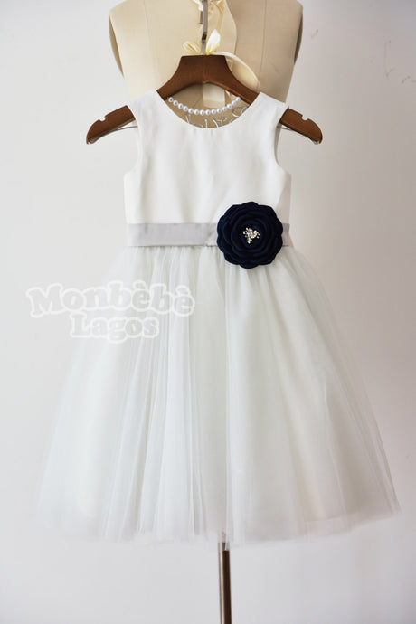 Ivory Tulle Dress with Navy Blue Flower